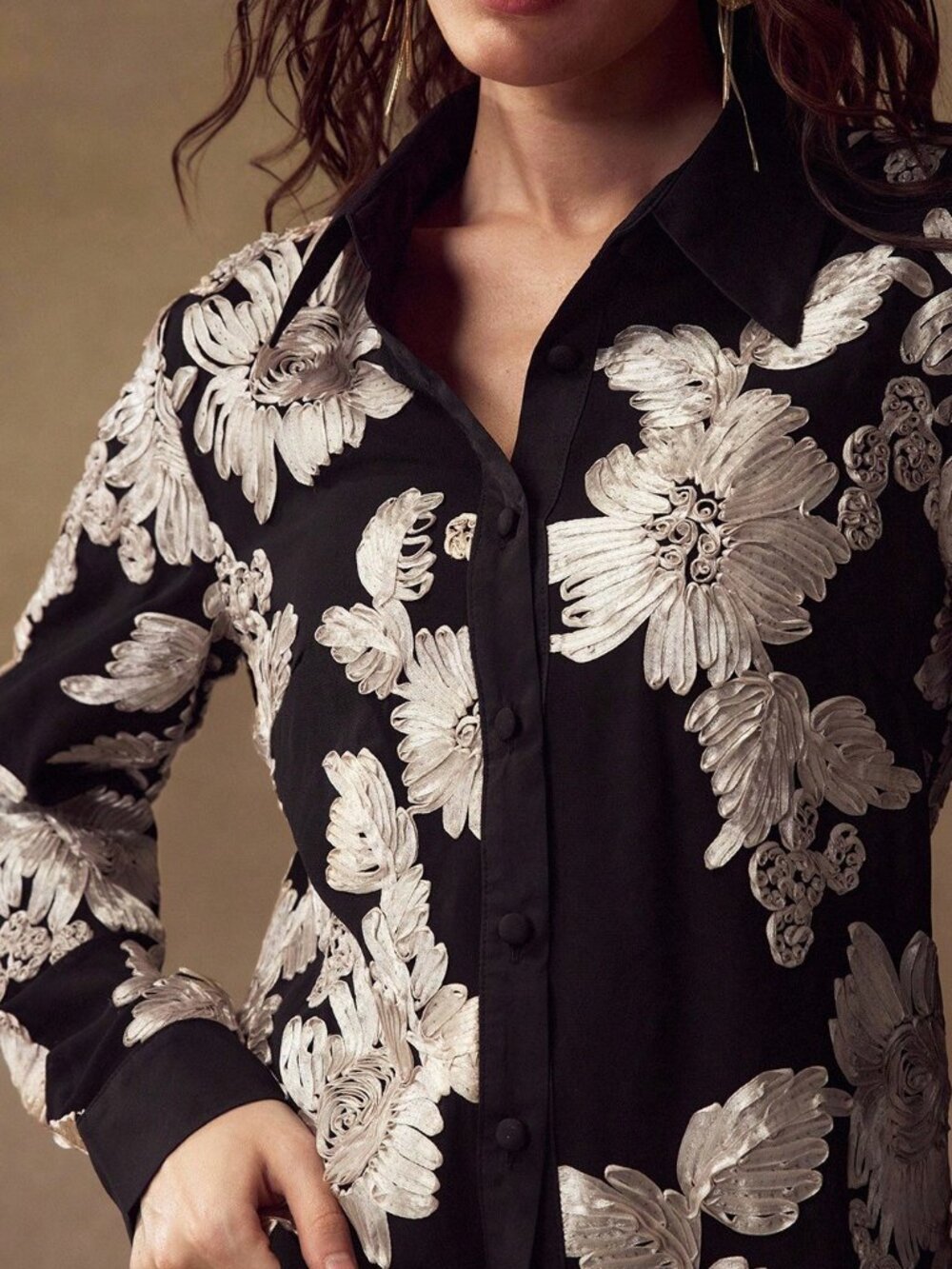 Black Elegant Women's Embroidered Button Up Shirt - Picture 4 of 8